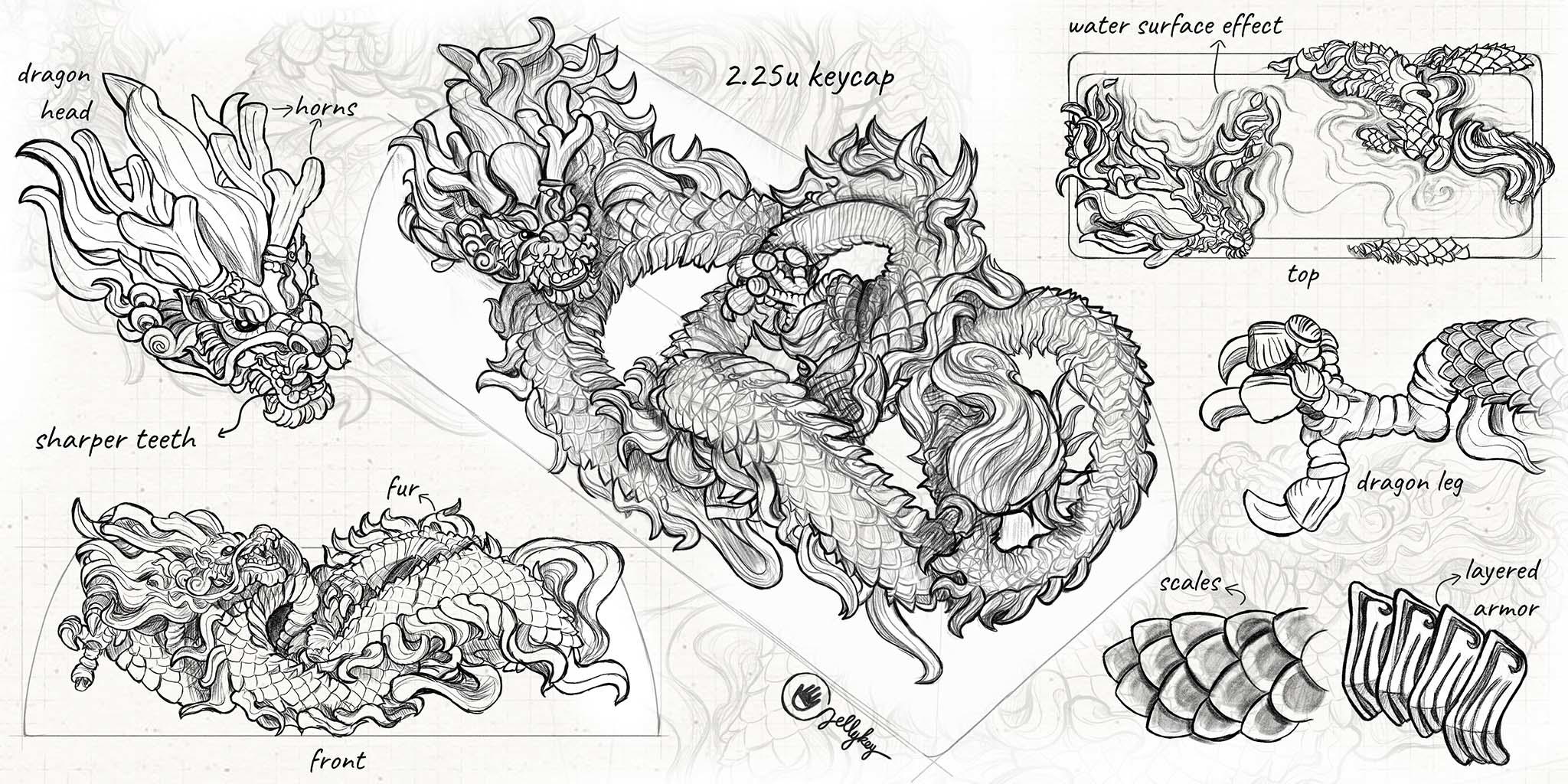 Detailed dragon design sketches with annotations.